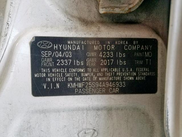 KMHWF25S94A946933 - 2004 HYUNDAI SONATA GL WHITE photo 10