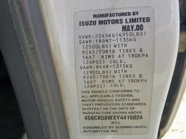 4S6CK58WXY4415024 - 2000 HONDA PASSPORT E 白色 照片 10