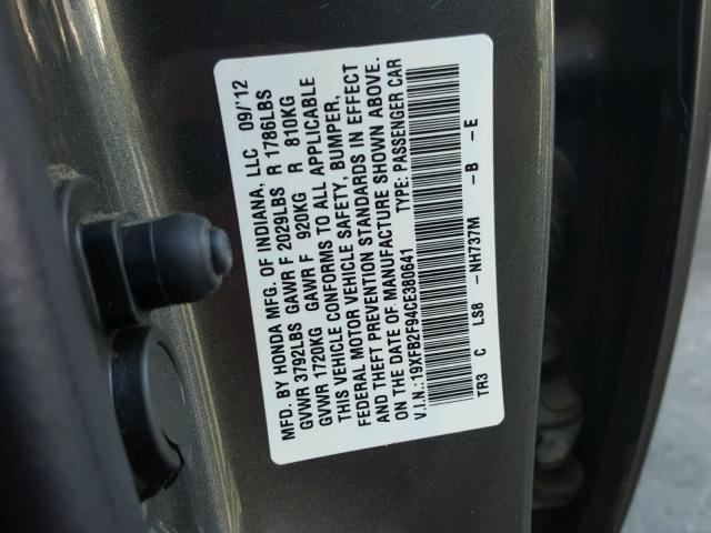 19XFB2F94CE380641 - 2012 HONDA CIVIC EXL GRAY photo 10