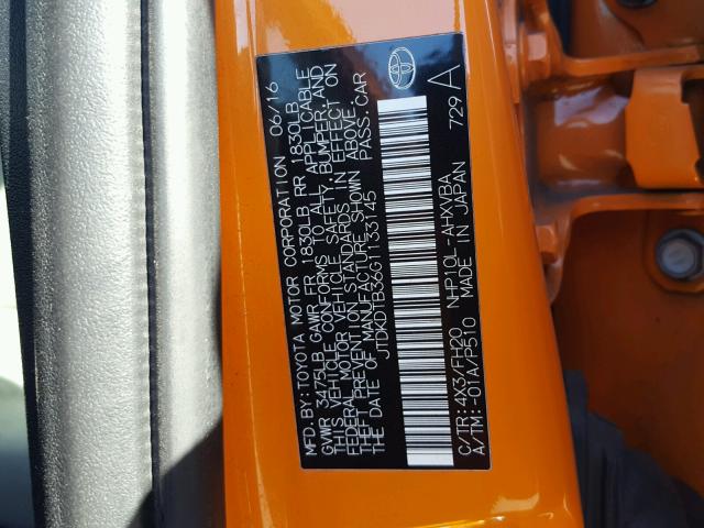 JTDKDTB36G1133145 - 2016 TOYOTA PRIUS C ORANGE photo 10