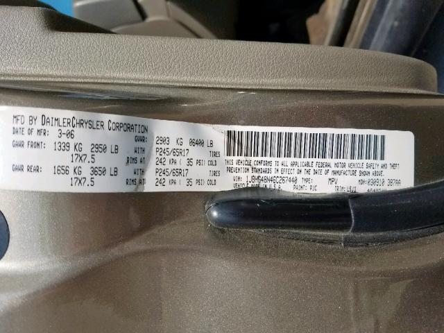 1J8HG48N46C267440 - 2006 JEEP COMMANDER ოქროსფერი ფოტო 10