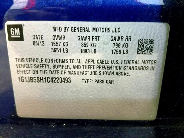 1G1JB5SH1C4220493 - 2012 CHEVROLET SONIC LS 蓝色 照片 10