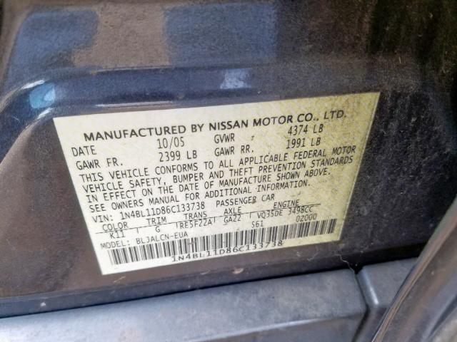 1N4BL11D86C133738 - 2006 NISSAN ALTIMA SE CHARCOAL photo 10