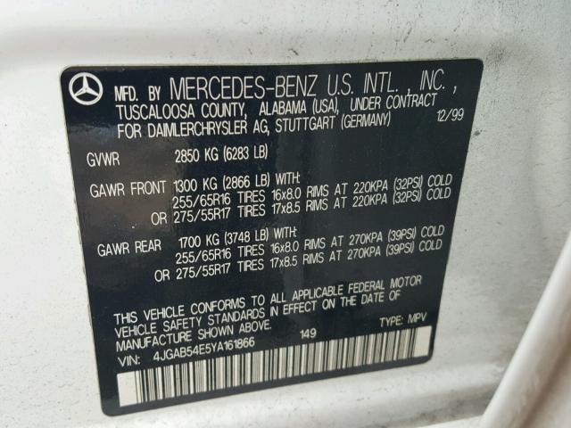 4JGAB54E5YA161866 - 2000 MERCEDES-BENZ ML 320 WHITE photo 10