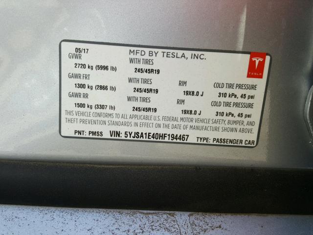 5YJSA1E40HF194467 - 2017 TESLA MODEL S SILVER photo 10