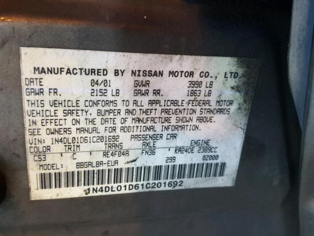 1N4DL01D61C201692 - 2001 NISSAN ALTIMA XE GOLD photo 10