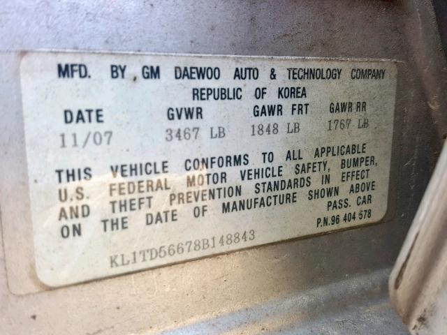 KL1TD56678B148843 - 2008 CHEVROLET AVEO BASE Күміс фото 10