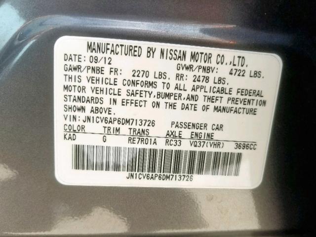 JN1CV6AP6DM713726 - 2013 INFINITI G37 BASE GRAY photo 10