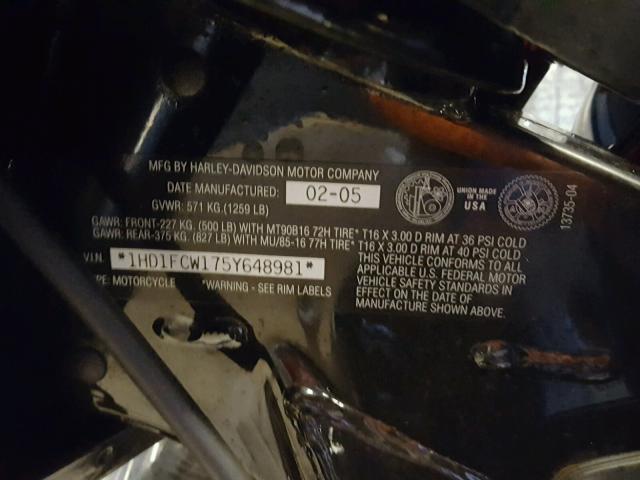 1HD1FCW175Y648981 - 2005 HARLEY-DAVIDSON FLHTCUI BLACK photo 10