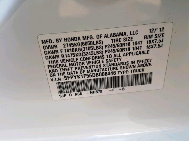 5FPYK1F56DB008446 - 2013 HONDA RIDGELINE WHITE photo 10