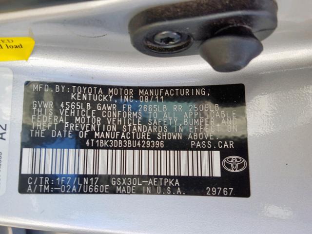 4T1BK3DB3BU429396 - 2011 TOYOTA AVALON BAS SILVER photo 10