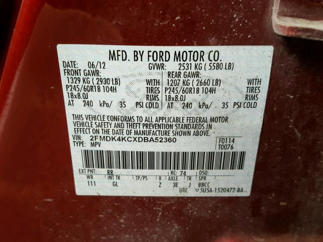 2FMDK4KCXDBA52360 - 2013 FORD EDGE LIMIT RED photo 10