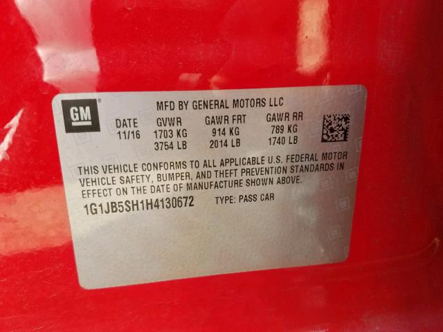 1G1JB5SH1H4130672 - 2017 CHEVROLET SONIC LS 红色 照片 10