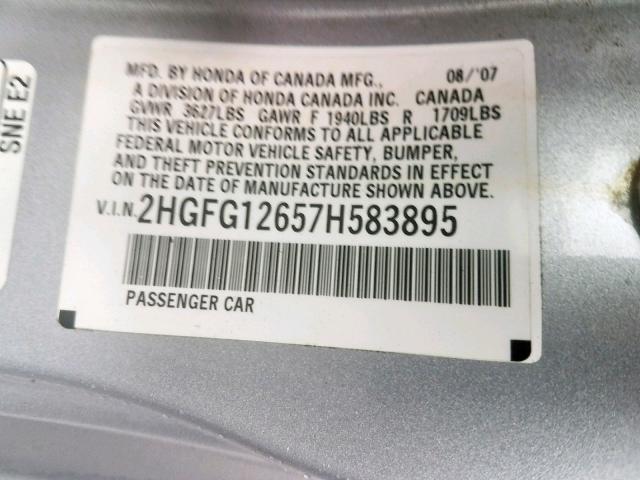 2HGFG12657H583895 - 2007 HONDA CIVIC LX SILVER photo 10