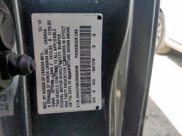 2HGFG1B83BH505948 - 2011 HONDA CIVIC EX GRAY photo 10