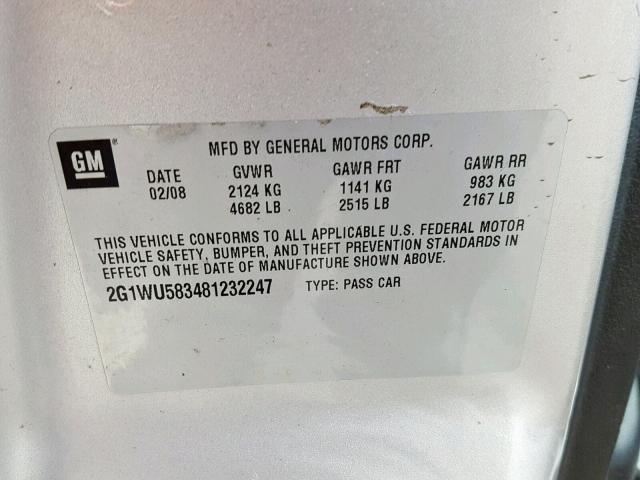 2G1WU583481232247 - 2008 CHEVROLET IMPALA LTZ SILVER photo 10