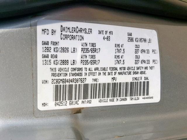 2C8GM68404R307627 - 2004 CHRYSLER PACIFICA SILVER photo 10