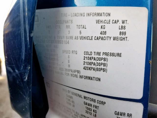 1G2NE12T9XM893104 - 1999 PONTIAC GRAND AM S BLUE photo 10