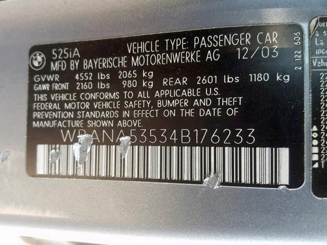 WBANA53534B176233 - 2004 BMW 525 I SILVER photo 10