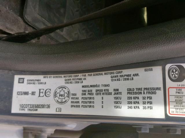 1GCDT33E688200136 - 2008 CHEVROLET COLORADO L GRAY photo 10