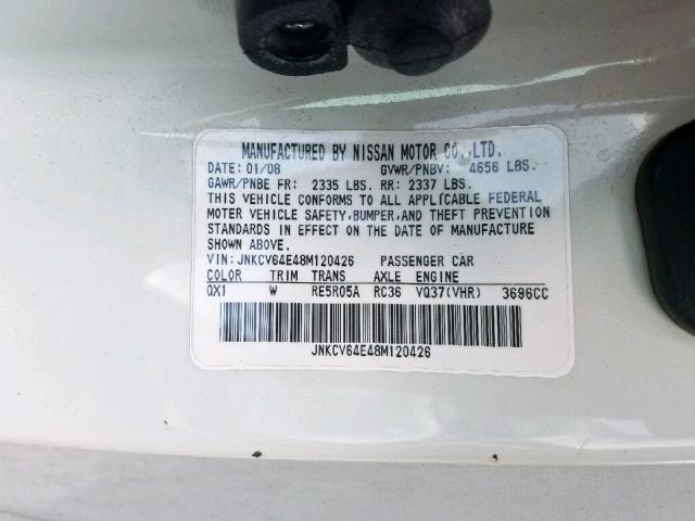 JNKCV64E48M120426 - 2008 INFINITI G37 BASE WHITE photo 10