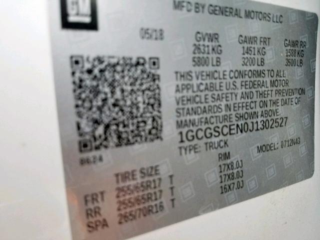 1GCGSCEN0J1302527 - 2018 CHEVROLET COLORADO L WHITE photo 10