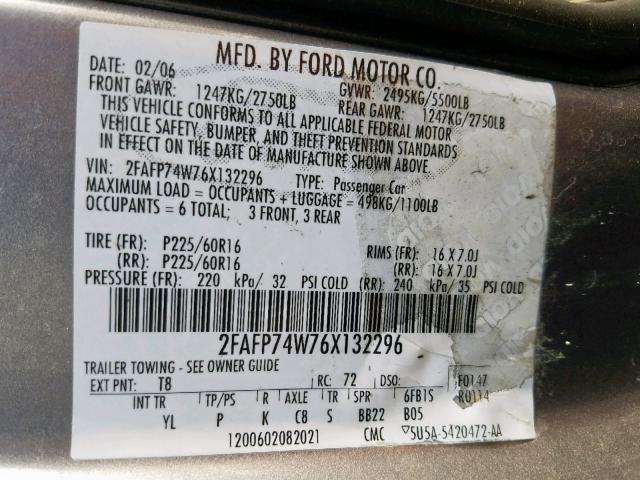 2FAFP74W76X132296 - 2006 FORD CROWN VICT GRAY photo 10