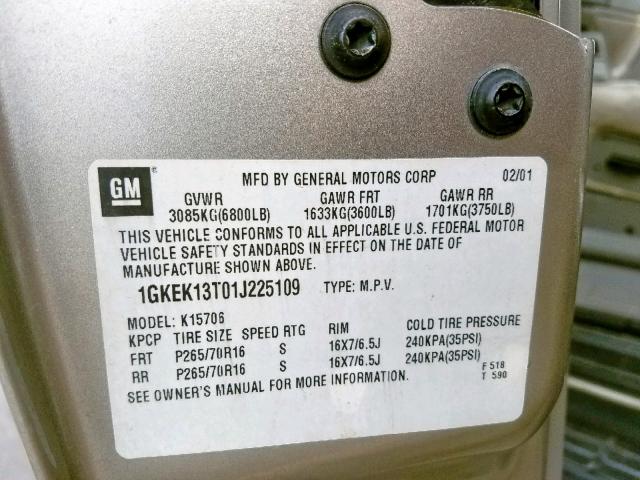 1GKEK13T01J225109 - 2001 GMC YUKON GOLD photo 10