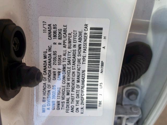 2HGFC1F76JH642376 - 2018 HONDA CIVIC EXL 白色 照片 10