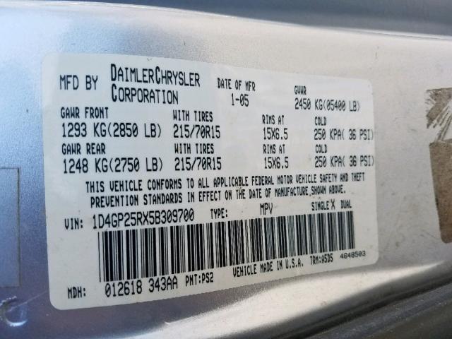 1D4GP25RX5B309700 - 2005 DODGE CARAVAN SE GRAY photo 10