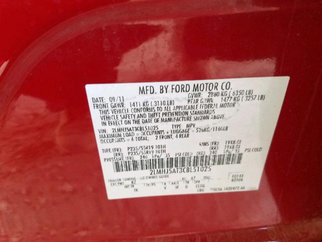 2LMHJ5AT3CBL51025 - 2012 LINCOLN MKT RED photo 10