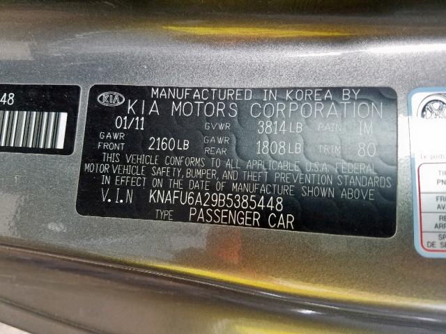 KNAFU6A29B5385448 - 2011 KIA FORTE EX GRAY photo 10