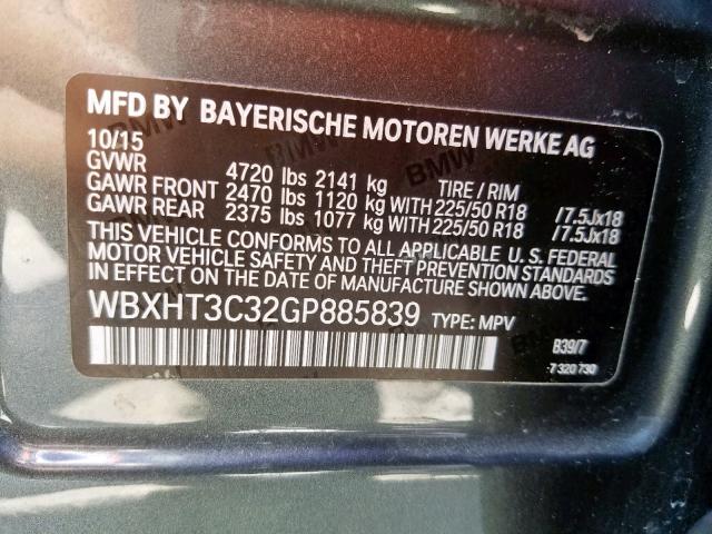 WBXHT3C32GP885839 - 2016 BMW X1 XDRIVE2 GRAY photo 10
