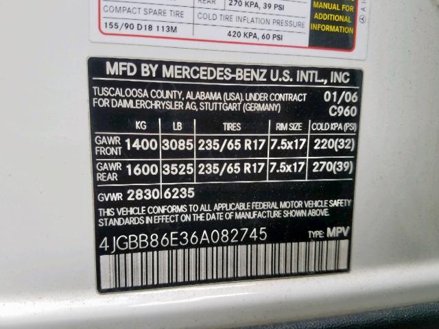 4JGBB86E36A082745 - 2006 MERCEDES-BENZ ML 350 WHITE photo 10