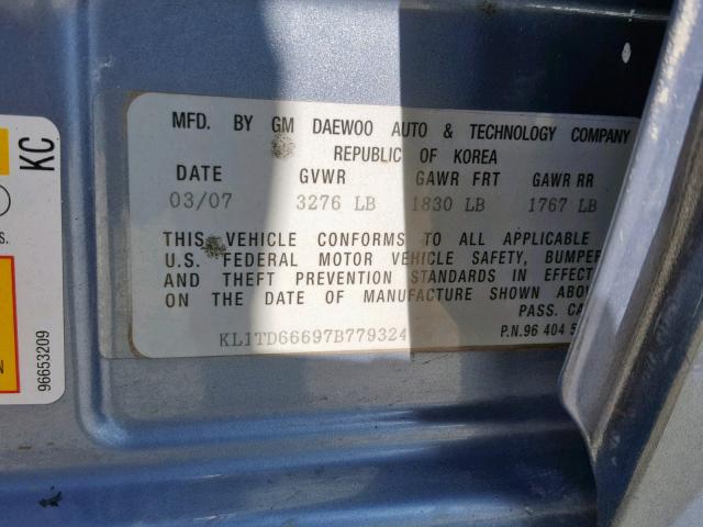 KL1TD66697B779324 - 2007 CHEVROLET AVEO BASE ლურჯი ფოტო 10