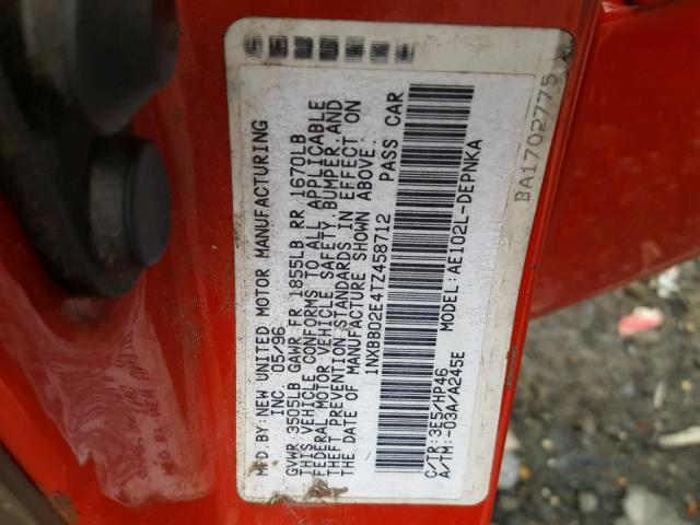 1NXBB02E4TZ458712 - 1996 TOYOTA COROLLA DX RED photo 10