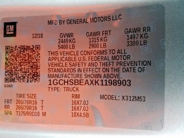 1GCHSBEAXK1198903 - 2019 CHEVROLET COLORADO SILVER photo 10