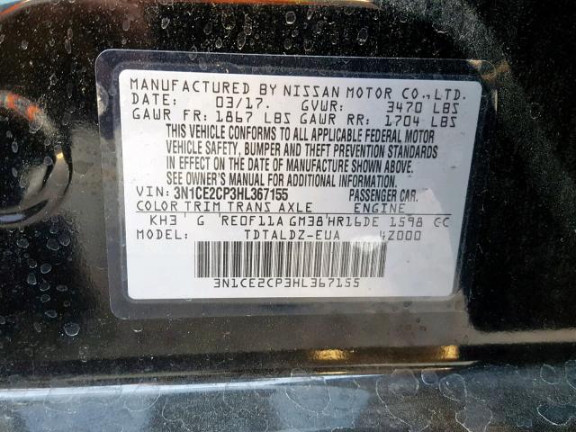 3N1CE2CP3HL367155 - 2017 NISSAN VERSA NOTE BLACK photo 10