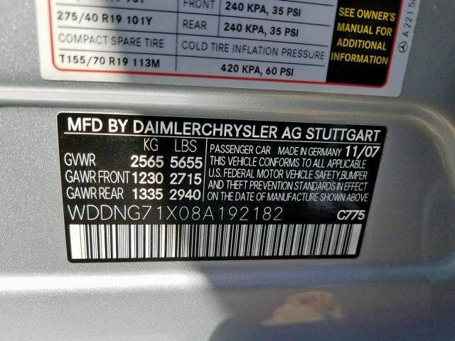 WDDNG71X08A192182 - 2008 MERCEDES-BENZ S 550 SILVER photo 10