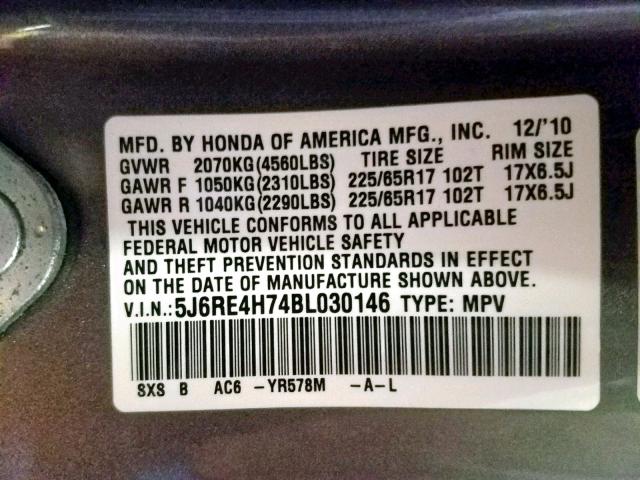 5J6RE4H74BL030146 - 2011 HONDA CR-V EXL GRAY photo 10