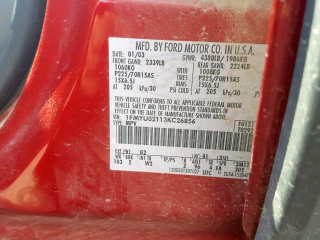 1FMYU02113KC26856 - 2003 FORD ESCAPE XLS RED photo 10