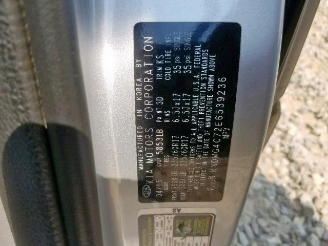 KNDMG4C72E6539236 - 2014 KIA SEDONA LX SILVER photo 10