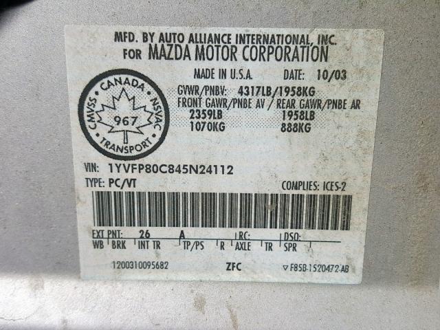 1YVFP80C845N24112 - 2004 MAZDA 6 I SILVER photo 10