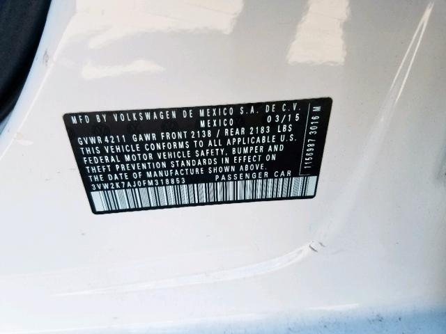 3VW2K7AJ0FM318853 - 2015 VOLKSWAGEN JETTA BASE 白色 照片 10