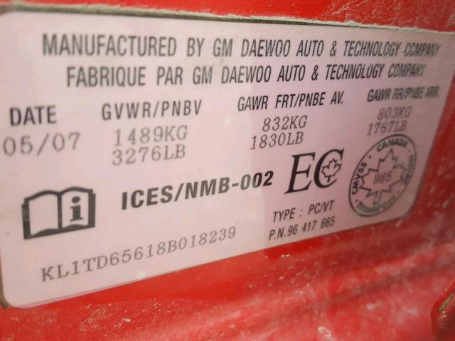 KL1TD65618B018239 - 2008 CHEVROLET AVEO BASE Qırmızı foto 10