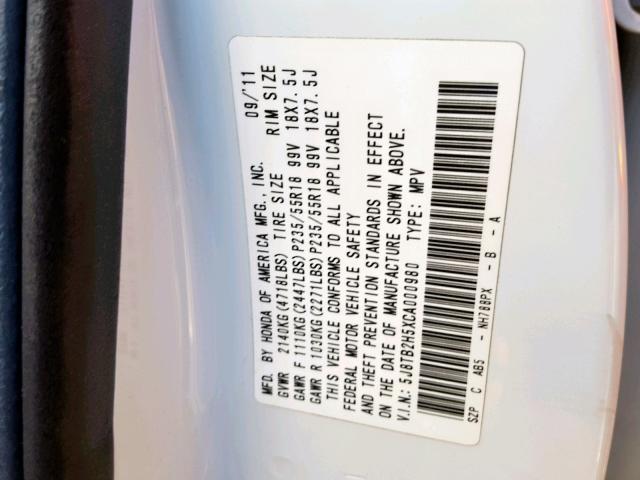 5J8TB2H5XCA000980 - 2012 ACURA RDX TECHNO WHITE photo 10