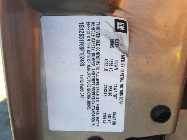 1G1ZS51F66F102483 - 2006 CHEVROLET MALIBU LS თაფლისფერი ფოტო 10