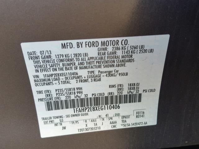 1FAHP2E8XEG110406 - 2014 FORD TAURUS SEL GRAY photo 10