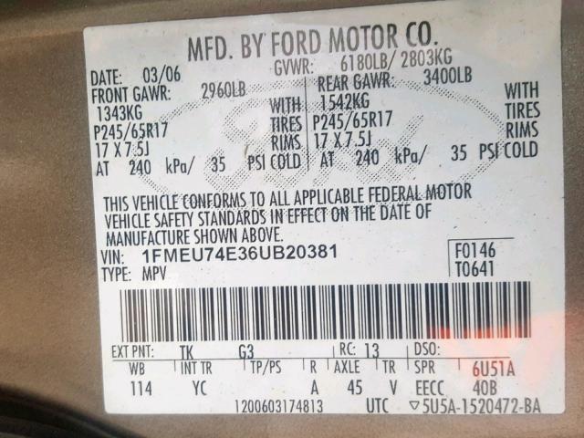 1FMEU74E36UB20381 - 2006 FORD EXPLORER E BROWN photo 10