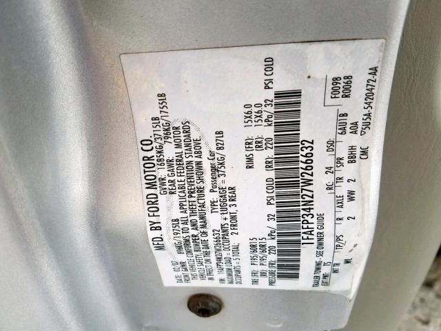 1FAFP34N27W266632 - 2007 FORD FOCUS ZX4 SILVER photo 10